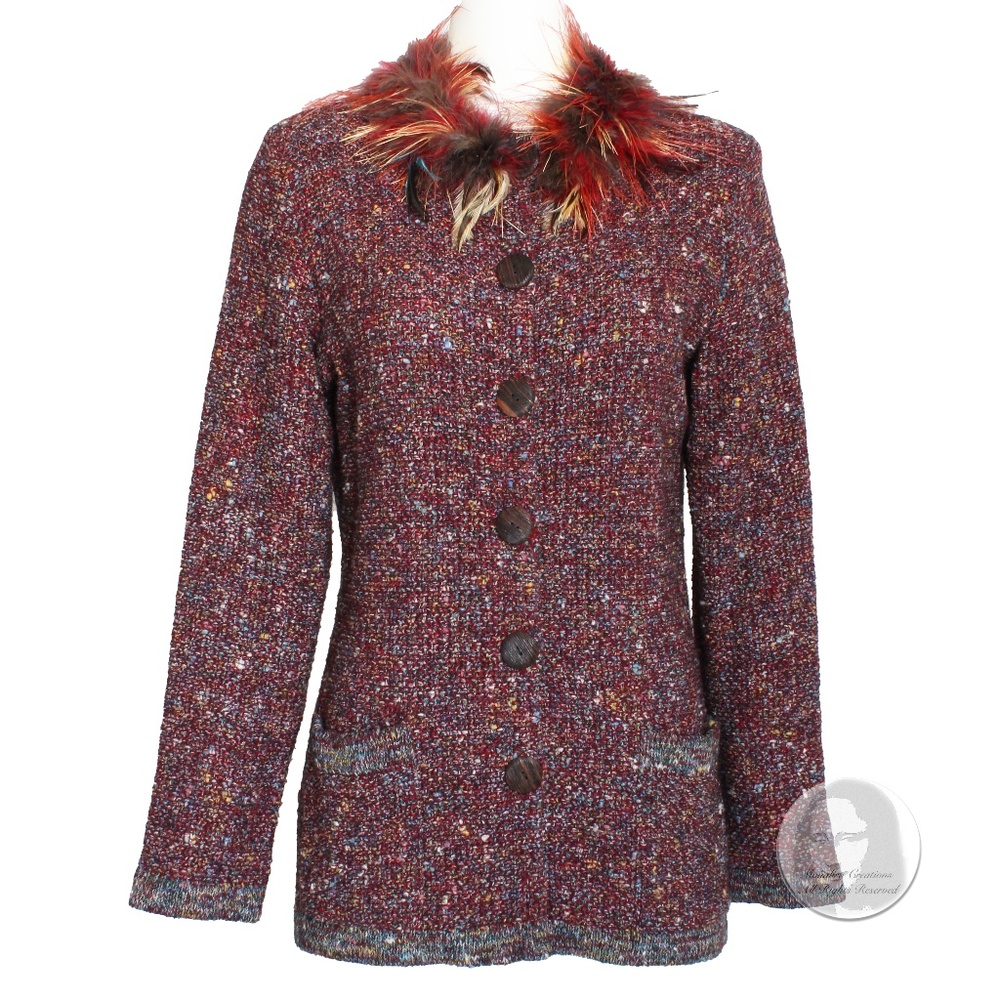 Yves Saint Laurent Sweater Cardigan Knit Feather Trim 90s YSL Rive Gauche Sz 38